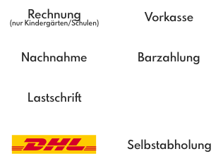 Zahlung: Rechnung (nur Kindergärten/Schulen, Vorkasse, Nachnahme, Barzahlung, Lastschrift // Versand: Deutsche Post, DHL, Selbstabholung